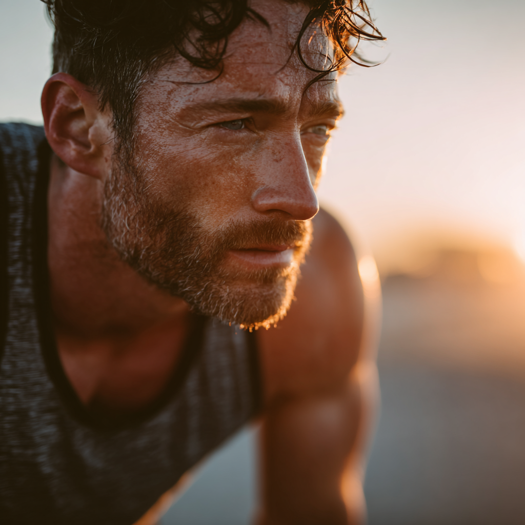 Athletic man training outdoors at sunrise, showing determination and focus during workout