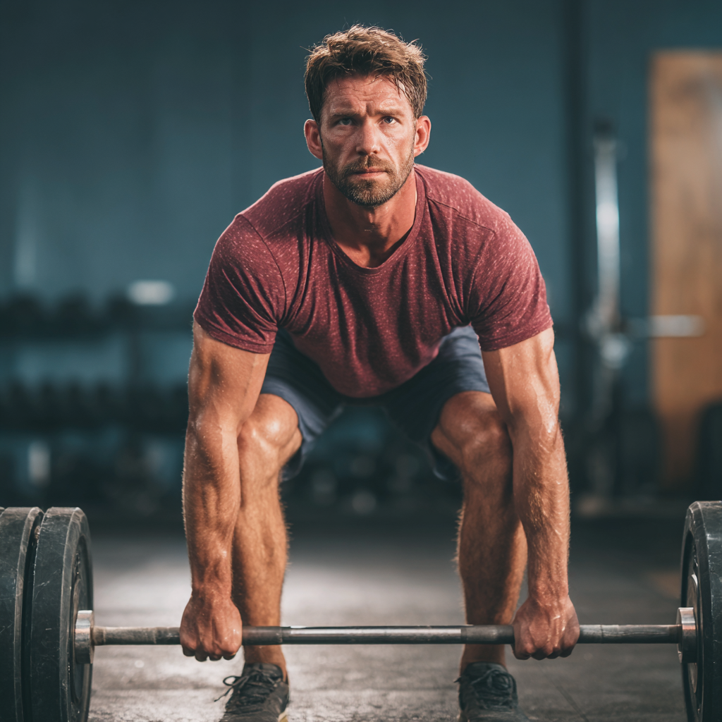 Muscular man performing deadlift exercise in gym with proper form and concentration