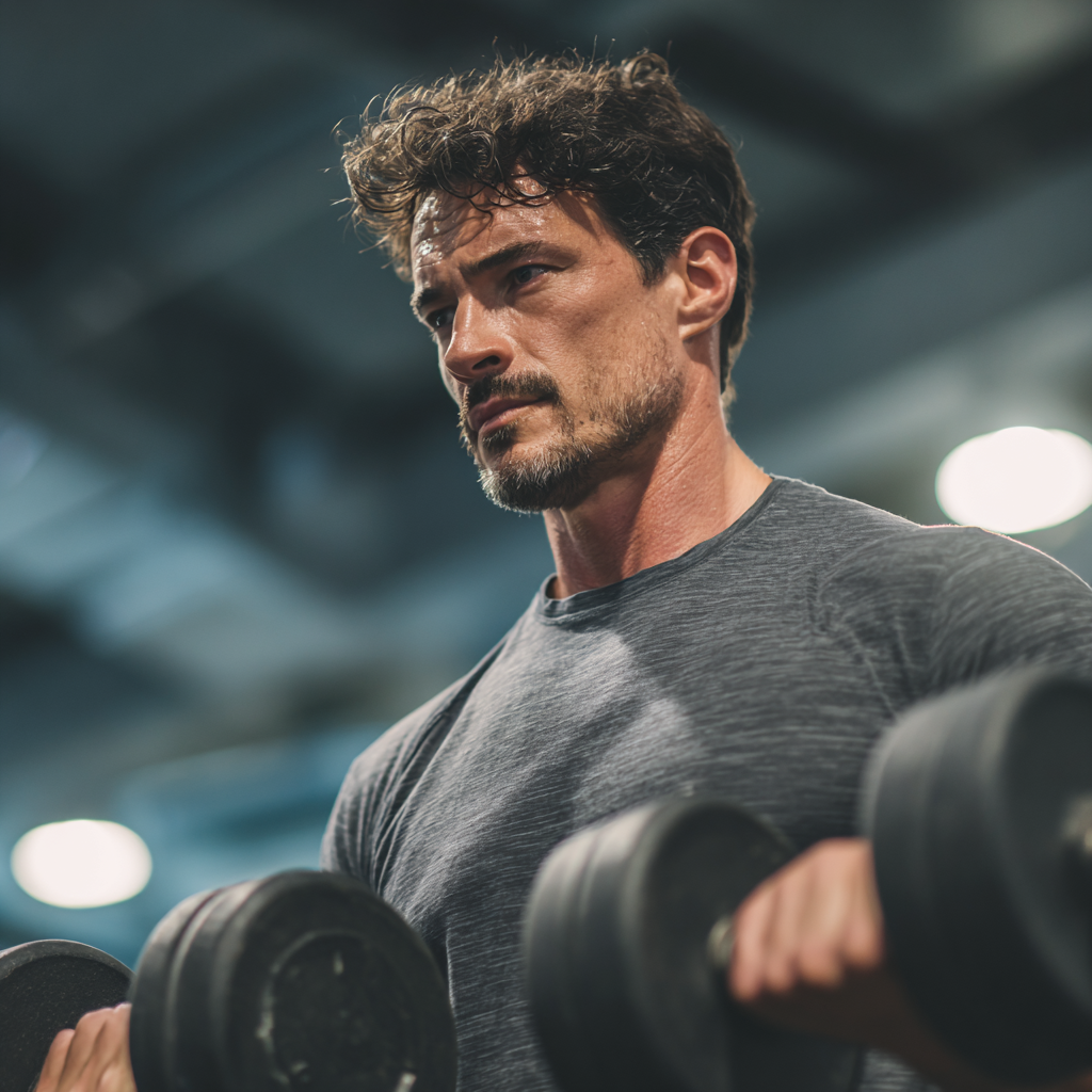Strong confident man exercising with weights in modern gym, focused and determined expression